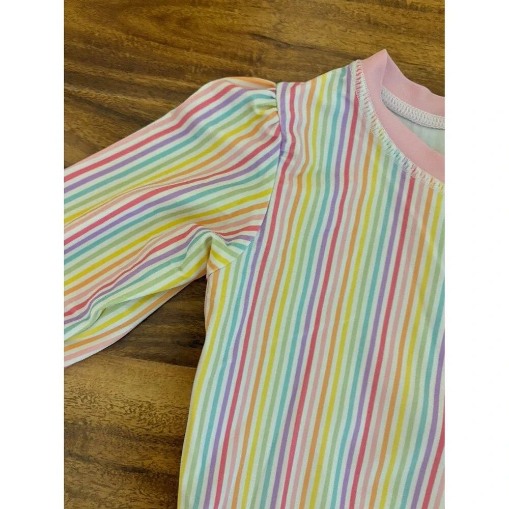 RuffleButts One-Piece Rashguard Swimsuit, Rainbow Stripes, Size 3T